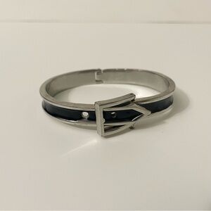 Adjustable Belt Black & Silver Enamel Paint Metal Hinged Bangle Bracelet